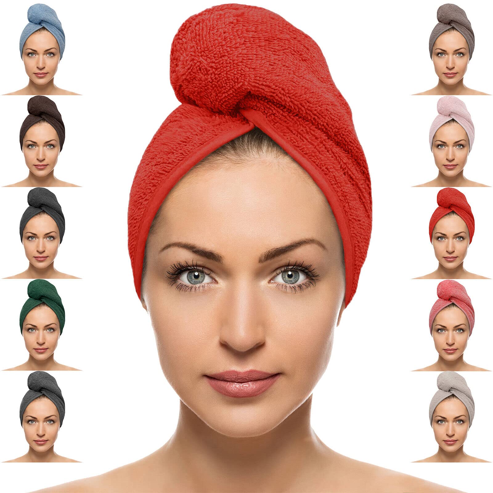 FAB-ON UK Hair Dry Towel 100% Cotton Turban Style Instant Drying Quick Absorbent Lightweight Button & Loop Closure One Size Hair Dry Cap For Curly Long Hair 64x24 CM