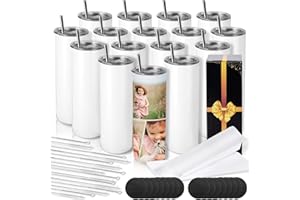 D·S 16 Pack Sublimation Tumblers 20 oz Skinny Stainless Steel Insulated Straight Sublimation Tumbler Blank with Straw, Lid, Brush and Shrink Wrap