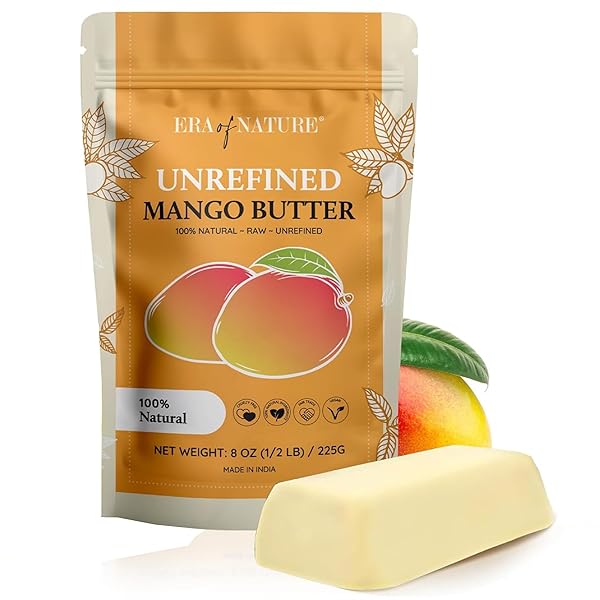 ERA OF NATURE ORGANIC UNREFINED RAW MANGO BODY BUTTER BLOCK 8OZ – MOISTURIZING MANGO SEED RAW BUTTER BAR FOR SKIN & HAIR, DIY LIP BALM BASE, CREAM, SOAP & LOTION MAKING SUPPLIES KIT, PERSONAL SKINCARE