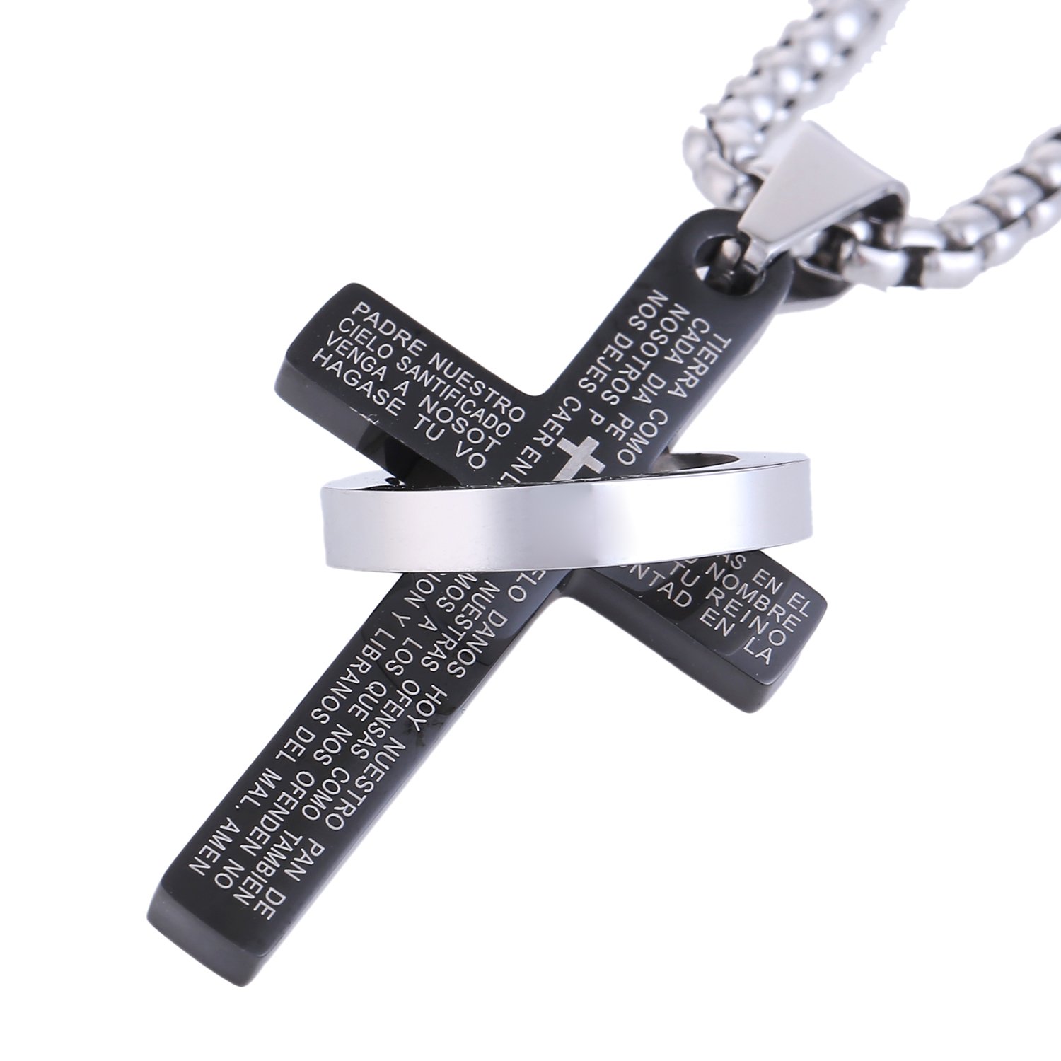 DonDon Men’s Leather Necklace 52 cm 20.47" with Cross Pendant Stainless Steel Black in a Velvet Bag