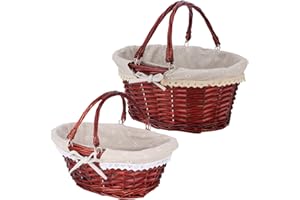 Geytetqi 2 Pack Brown Wicker Basket with Linen Lining, 14 & 12 Inch Wicker Woven Picnic Basket with Handle for Picnic, Camping, Outdoor Party