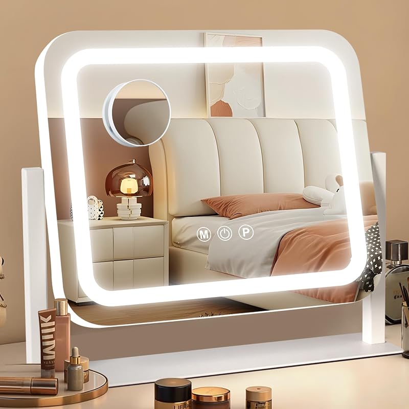 Espelho de maquilhagem com luz, espelho de penteadeira 3 modos de luz, intensidade ajustável, controlo tátil, rotação de 360°, acessório de ampliação incluído, 35 x 30cm, branco