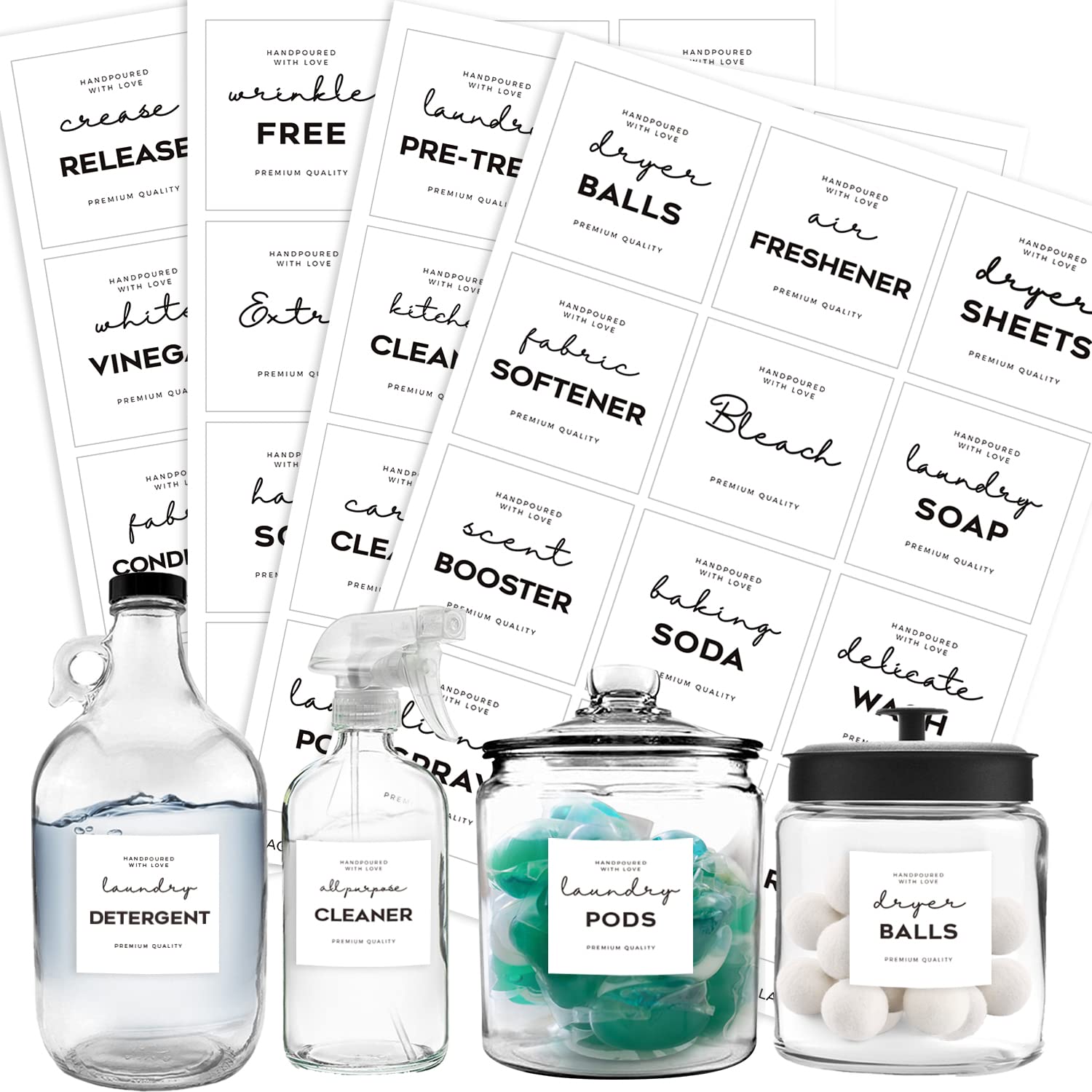 Minimalist Laundry Room Labels Set, v2croft 48 White Matte Stickers on Clear Canisters, Home Organization Stickers for Cabinet & Drawer, Laundry Room, linens & Cleaning Supplies(Water Resistant)