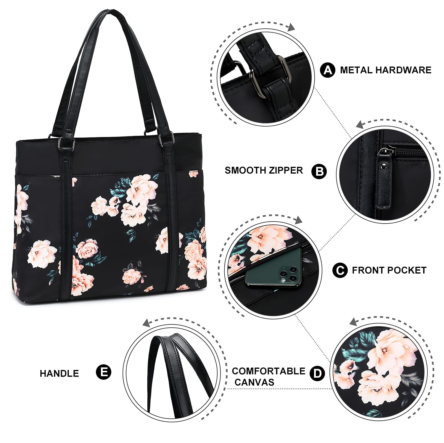 Laptop Tote Bag Womens Work Bags Purse Floral Teacher Handbag Shoulder Bag fit 15.6 in Laptop (Black - Peony Floral)