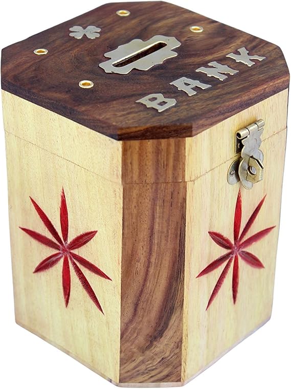 RGrandsons Wooden Handmade Coin Box (10.16cmx10.16 cmx12.7 cm, Brown
