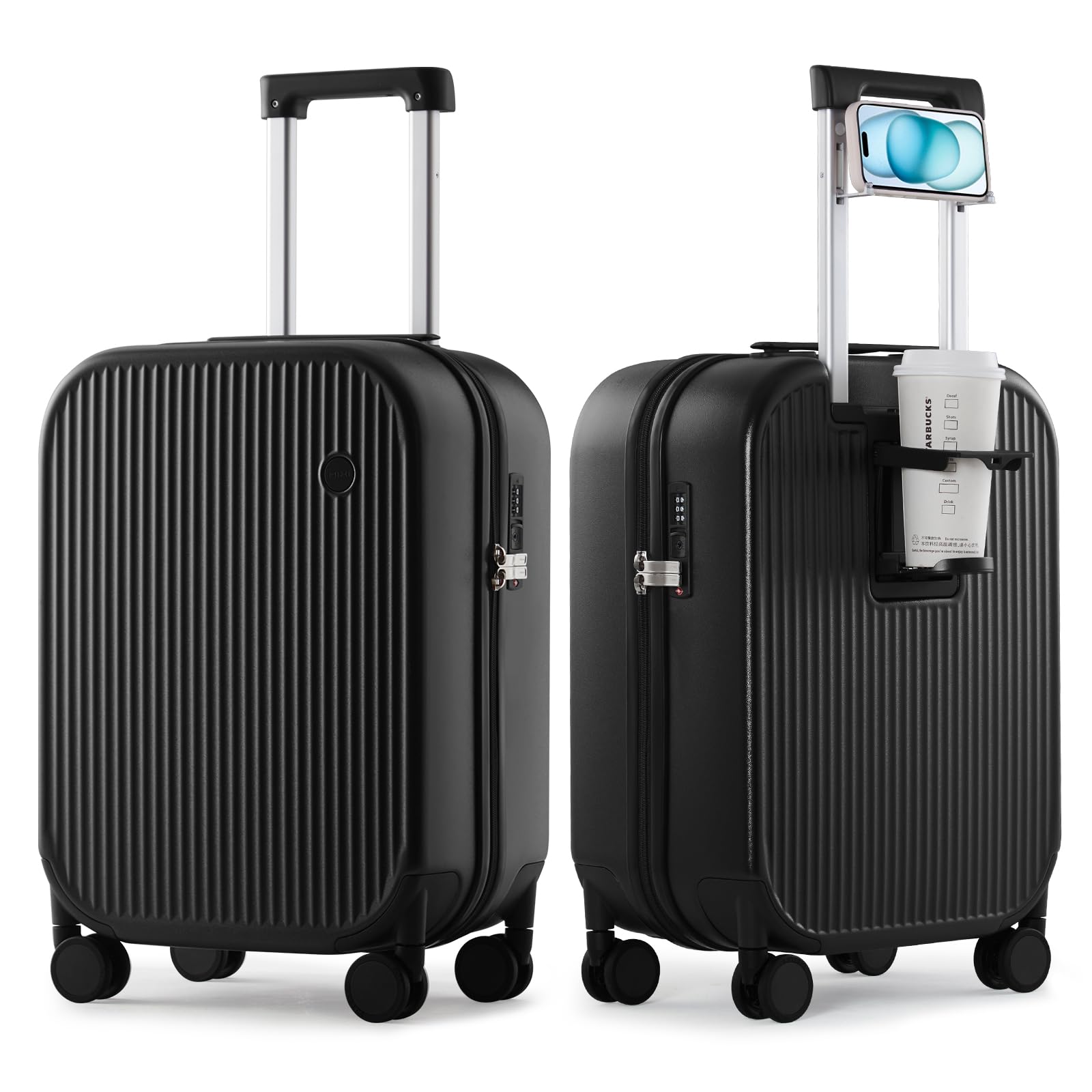Photo 1 of mixi Carry On Luggage with Cup Phone Holder Hard Shell Rolling Travel Suitcases with Spinner Wheels,20 Inch Black