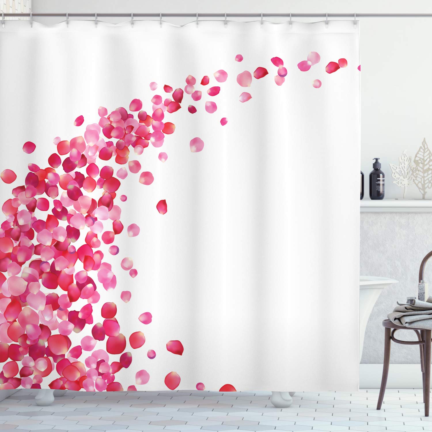 ABAKUHAUS Pink and White Shower Curtain, White Background with Vibrant Rose Petals Vortex with Realistic Look, Cloth Fabric Bathroom Decor Set with Hooks, 78" Inches, Magenta White
