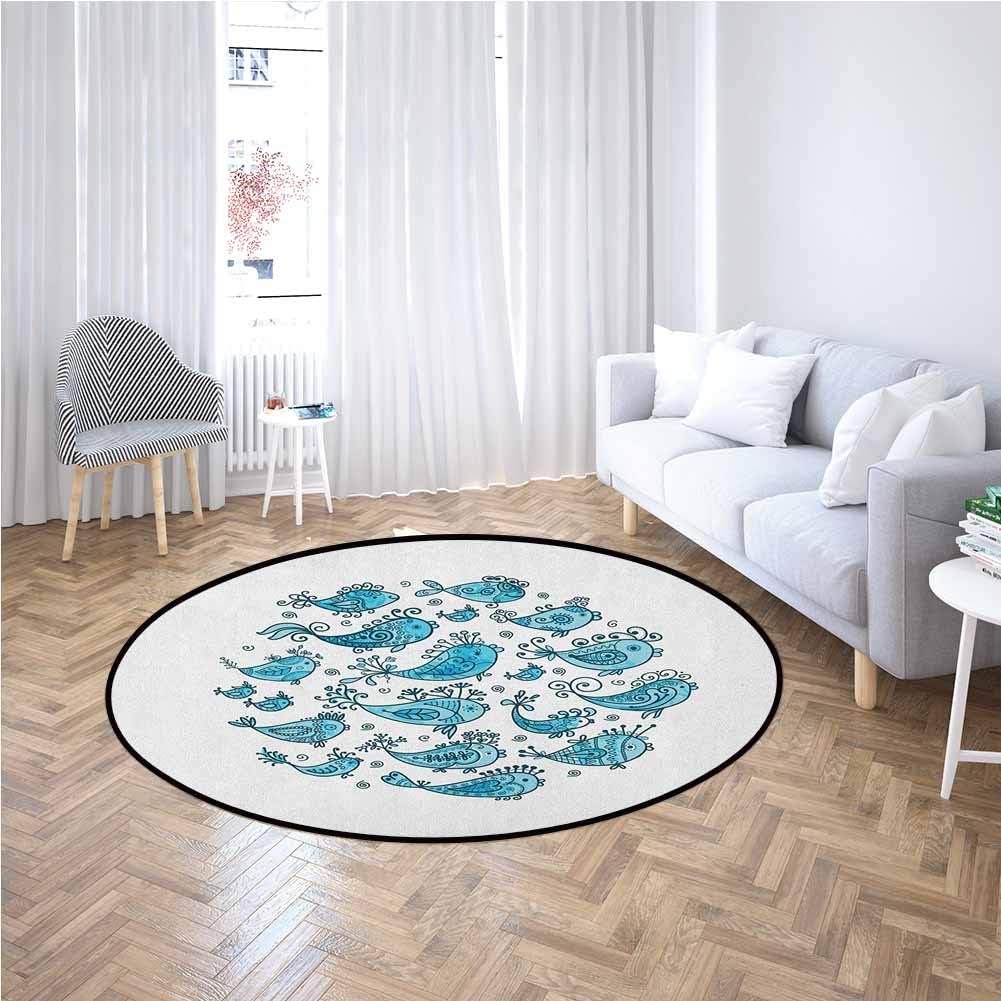 Fish Round Bath Rug School of Fish Sketching in Round Frame with