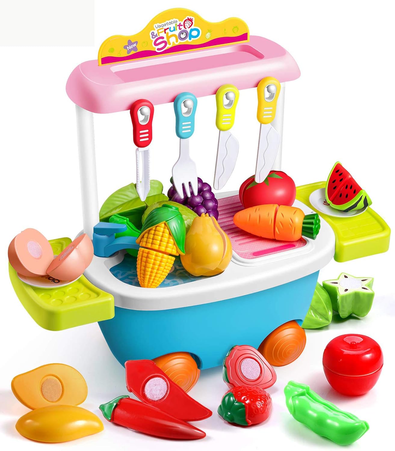 Geyiie Play Food Set for Kids 30Pcs Kitchen Toy Food Kit with Food Cart
