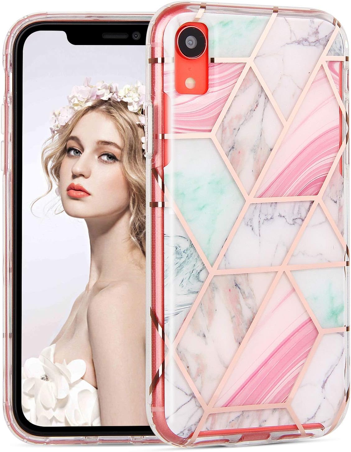 iPhone XR Case, Imikoko Shiny Rose Gold iPhone XR Marble Case Bling Glitter Sparkle Shockproof Cover Glossy Flexible Clear TPU Bumper Cases for Apple iPhone XR (6.1 inch)