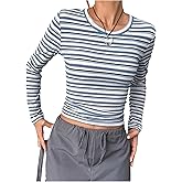 Floerns Women's Striped Ribbed T Shirts Long Sleeve Crew Neck Slim Fit Tee Tops