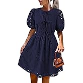 KIRUNDO Eyelet Summer Dresses for Women 2025 Short Sleeve Tie Front Babydoll A Line Wedding Guest Beach Vacation Sundress