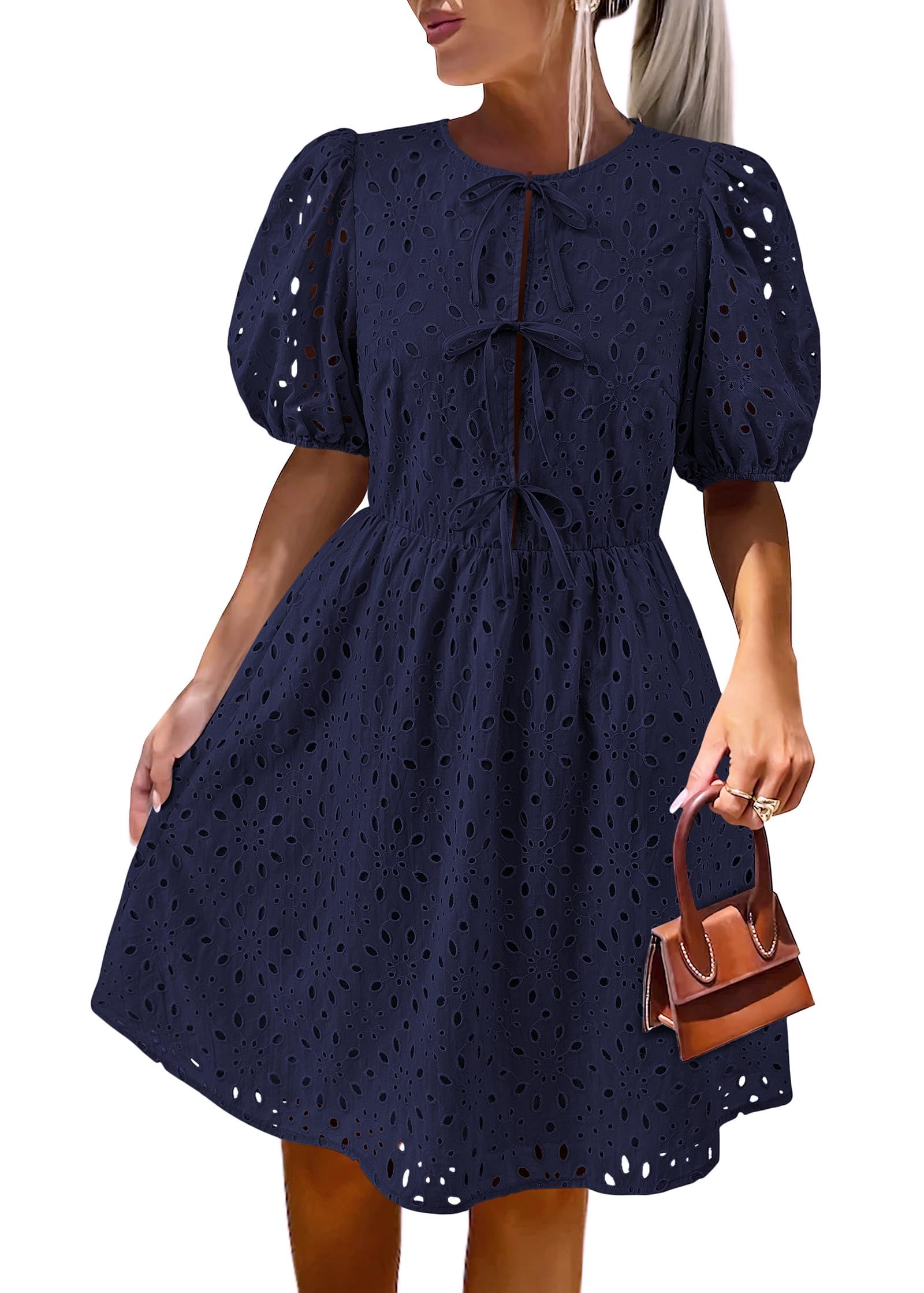 Photo 1 of ***DAMAGE BELOW LEFT HAND POCKET -SEE ALL PHOTOS*** KIRUNDO Eyelet Summer Dresses for Women 2025 Short Sleeve Tie Front Babydoll A Line Wedding Guest Beach Vacation Sundress(Navy, XX-Large)