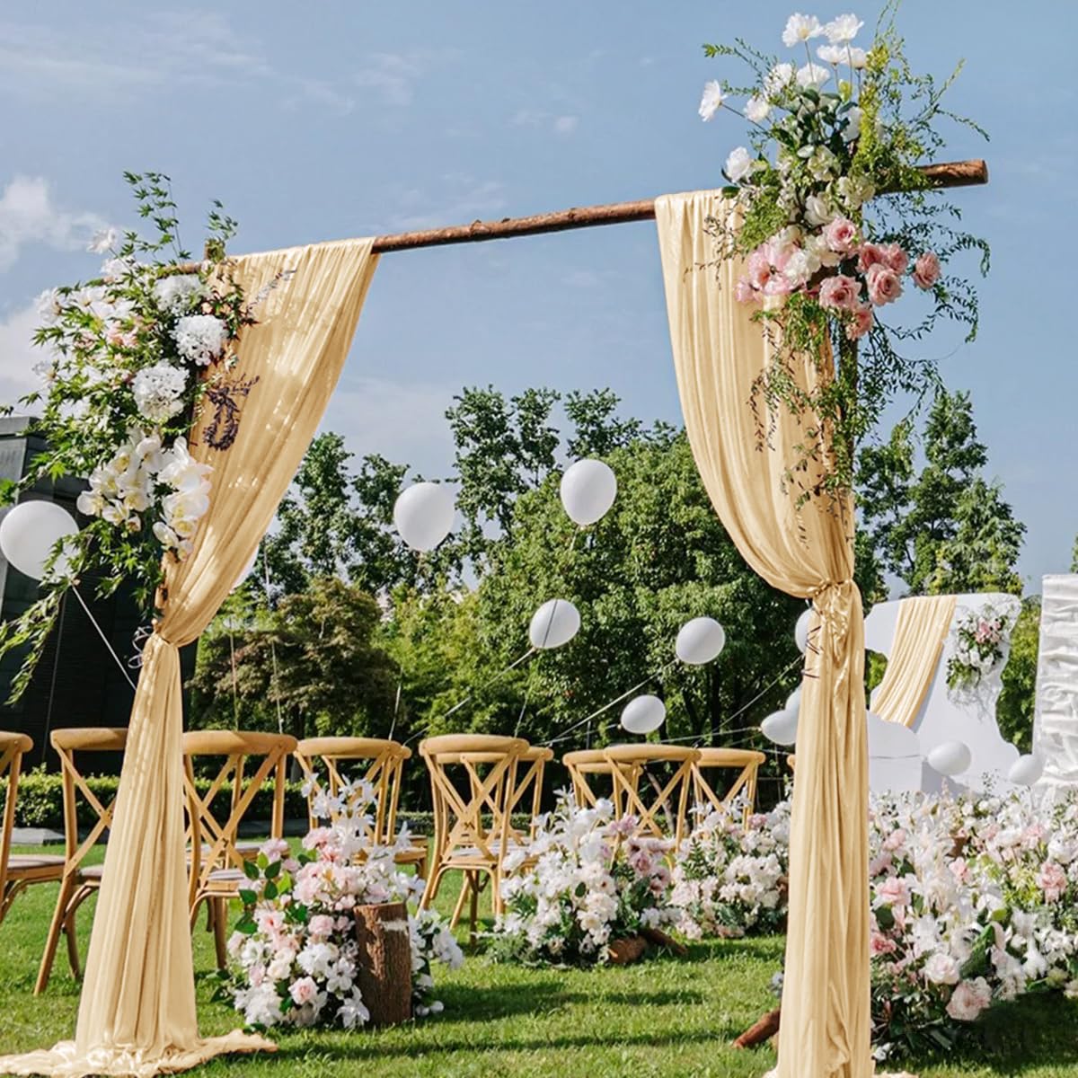 Photo 1 of DeZerlor Champagne Gold Wedding Arch Draping Fabric 29" x 20 FT Wedding Drapes for Backdrop Sheer Curtains Drapes for Romantic Bridal Baby Shower Decor Ceremony Birthday Party Fall Outdoor Events