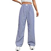 OYOANGLE Women's Straight Wide Leg Trousers Striped Print Letter Patched Detail High Waist Y2K Fashion Pants