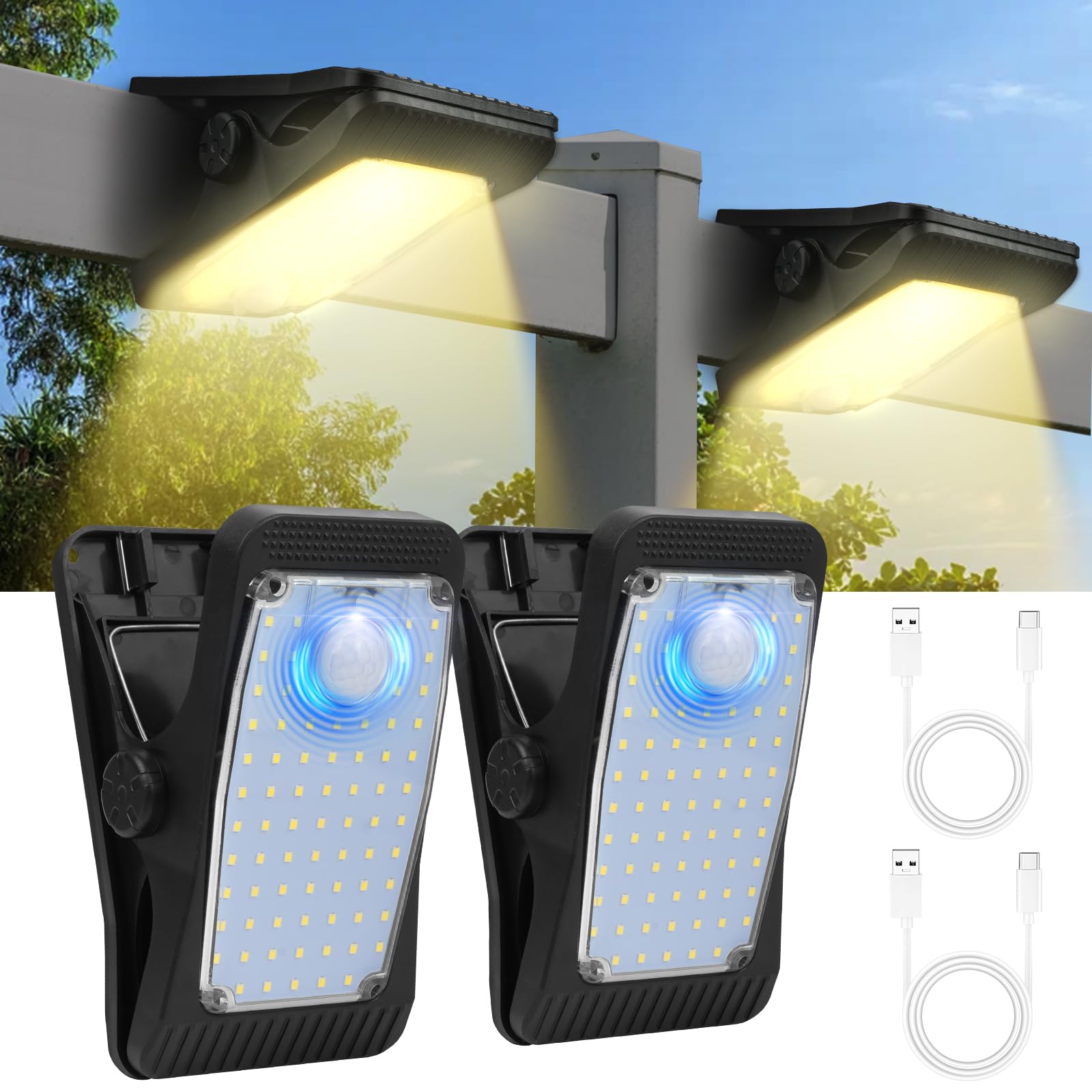 HOTUT 2 PCS Solar Lights Outdoor Motion Sensor, Clip on Solar Lights Outdoor, Led Security Lights IP65 Waterproof, USB Rechargeable Clip Solar Lamp, Super Bright Pir Flood Lights for Wall Garden Fence