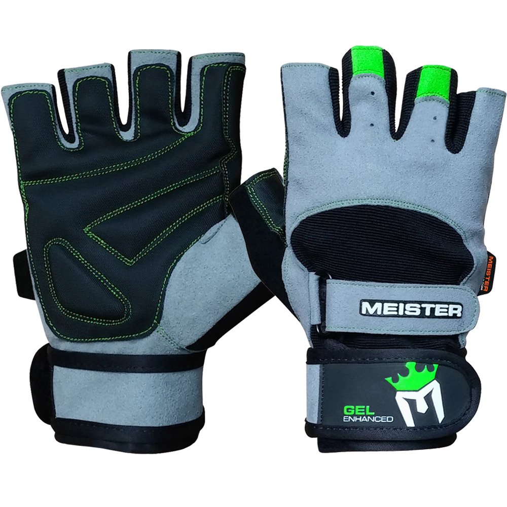 Meister Wrist Wrap Weight Lifting Gloves w/Gel Padding - Grey/Neon Green - Large