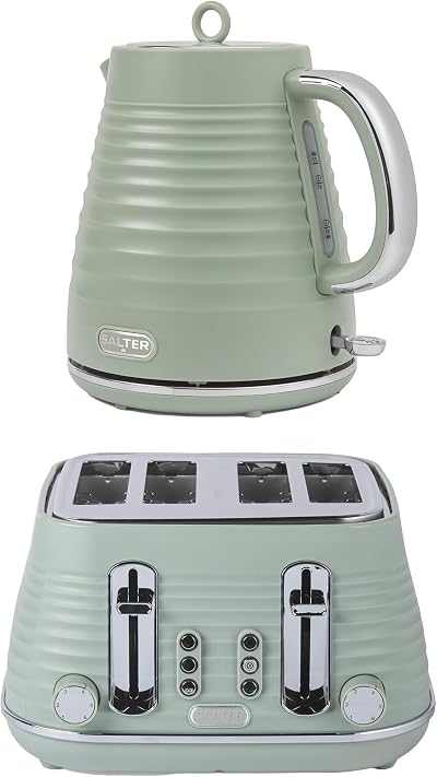 Salter Ripple Sage Toaster & Kettle Set 4-Slice 1630W 3kW Auto Shut-Off