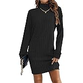 HBQ Women's Pullover Sweater Dress Casual Turtleneck Ribbed Long Lantern Sleeve Mini Knit Dresses 2025 Fashion