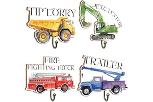 EQIUAG 4 Pcs Construction Vehicles Room Decor, Construction Vehicles Wooden Wall Hooks Coats Hooks Decorative Hooks for Kids 