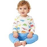 SunoZee Toddler Baby Light Blue Dinosaur Long Sleeve Snap Closure Romper Top Jogger Pants Set Cute Fall Outfits