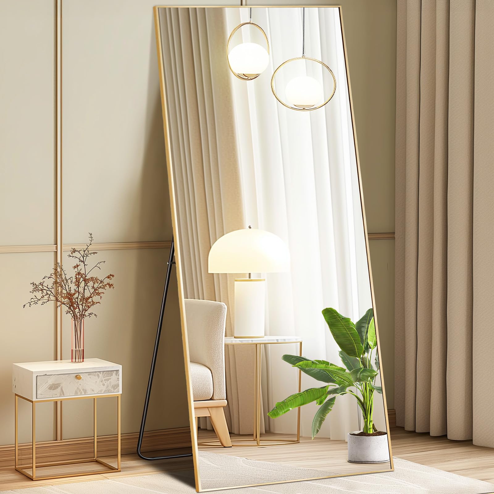 DUMOS Full Length Mirror with Stand, 68"x26" Floor Mirror with Aluminum Alloy Frame for Bedroom, Standing Full Body Mirror with Shatter-proorf Nano Glass for Wall, Living Room, Cloakroom, Gold Image