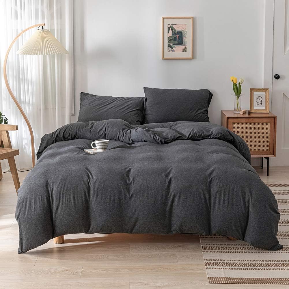 DONEUSJersey Knit Duvet Cover Set 100% T-Shirt Cotton Super Soft Comfy 3 Pieces Bedding Set with Zipper Closure, Solid Color Pattern Duvet Cover Queen Size (Charcoal Grey)