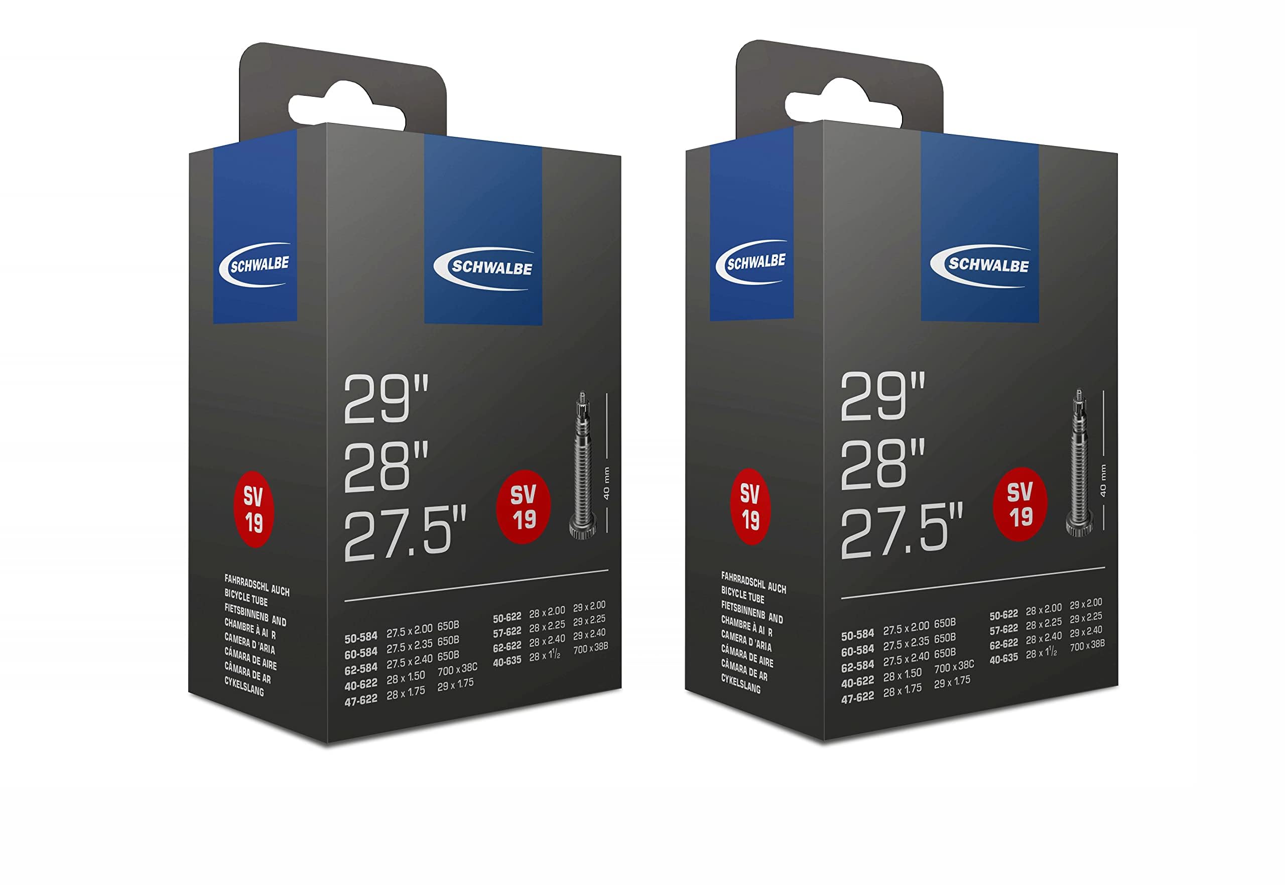 2 x Schwalbe SV19 Bicycle Inner Tube 27.5 - 29 Inches, 28 x 1.5 - 2.35, 40 - 62 / 584 - 622, NR.19 SV