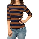 Allegra K Women's Striped Shirt Elbow Sleeve Slim Fit Tops Casual Basic Boat Neck Top