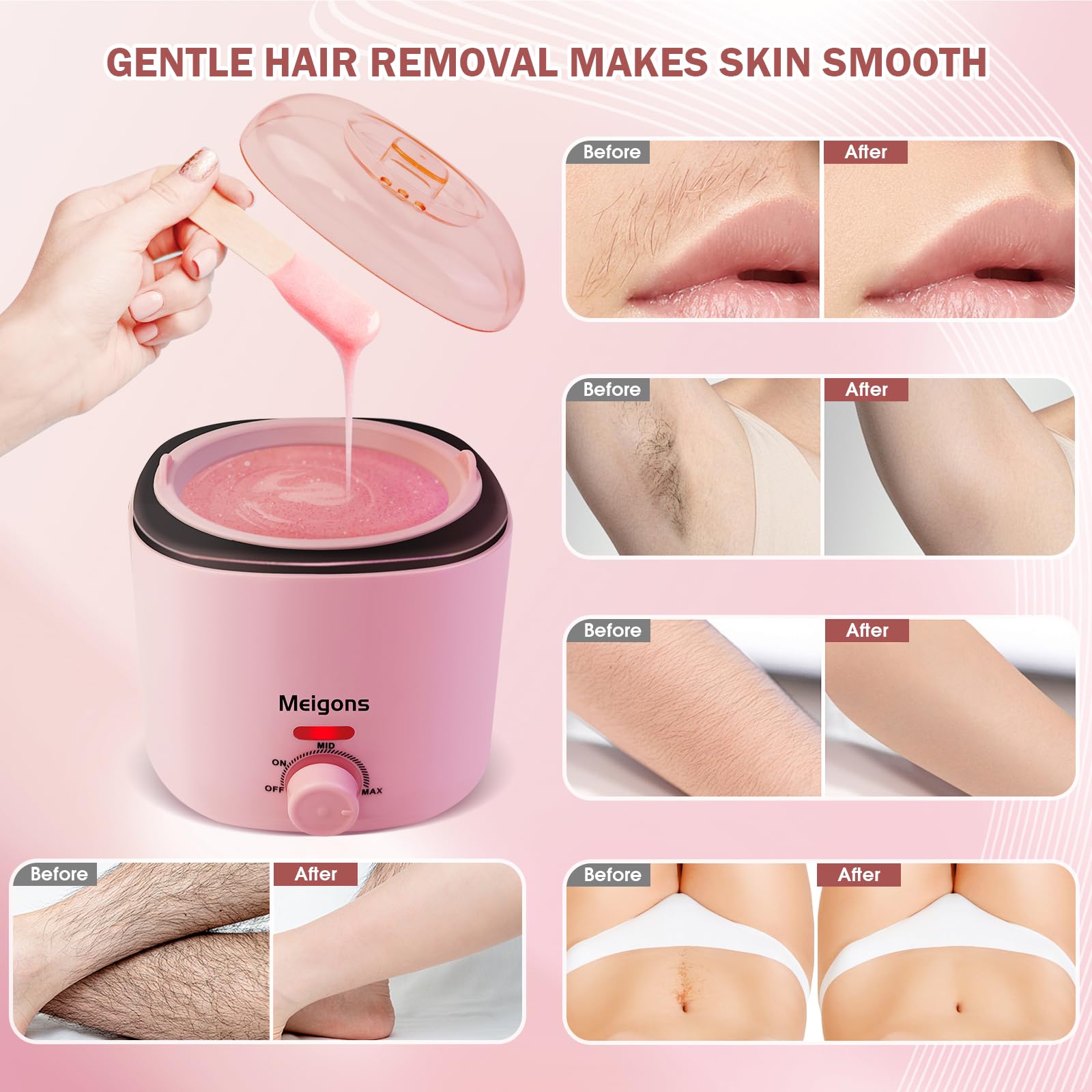 400ML Hair Removal Wax Warmer, Women Men Home Wax Heater with 20 Wax Sticks, 4 Bags of Wax Beans and 1 Silicone Bowl (Pink)