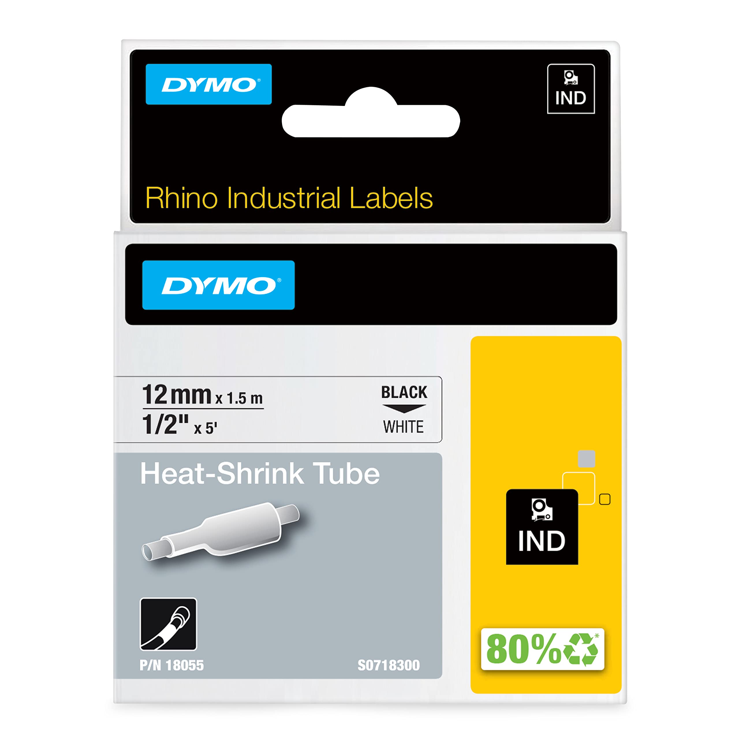 DYMO Rhino Industrial Heat-Shrink Cable Label Tubes | 12mm x 1.5m | Black Print on White | for Rhino Label Makers