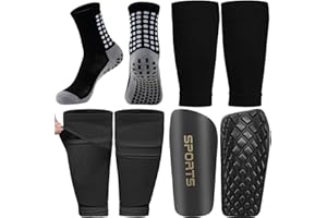 1 Pair of Men's Grip Football Socks and 1 Pair of Shin Pads, 1 Pair of Sleeves with Optimised Lnsert Pocket and Shin Guards