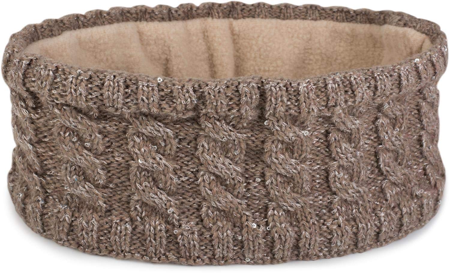 styleBREAKER women knit headband with plait pattern and sequins, fleece lining, hairband, headband, women 04026028, color:Brown