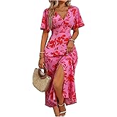 WDIRARA Women's Floral Print V Neck Ruffle Short Sleeve Dress Split A Line Long Dresses