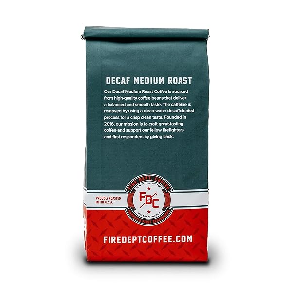 FIRE DEPARTMENT COFFEE – GIVES BACK TO FIREFIGHTERS – PREMIUM DECAF GROUND COFFEE – ROASTED IN THE USA – DECAFFEINATED USING NATURAL MOUNTAIN WATER – VETERAN OWNED – 12 OZ