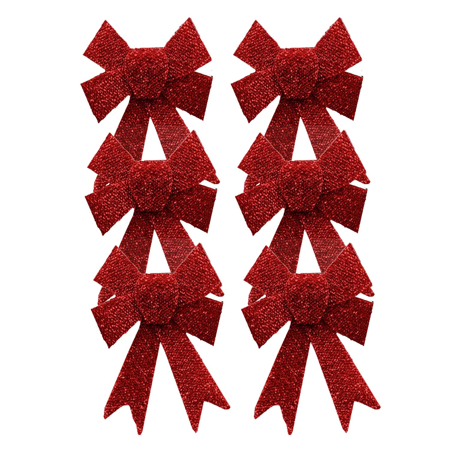 AKH® 5" x 4.5" Sparkling Christmas Glitter Tinsel Bows | Pack of 6 Xmas Bows | Tinsel Effect Christmas Bow Luxury Hanging Indoor Outdoor Christmas Tree Decoration Bows | Twist Tie On (Red)