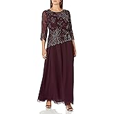 J Kara Womens Plus Size 3/4 Sleeve Long Beaded Floral Design Dress
