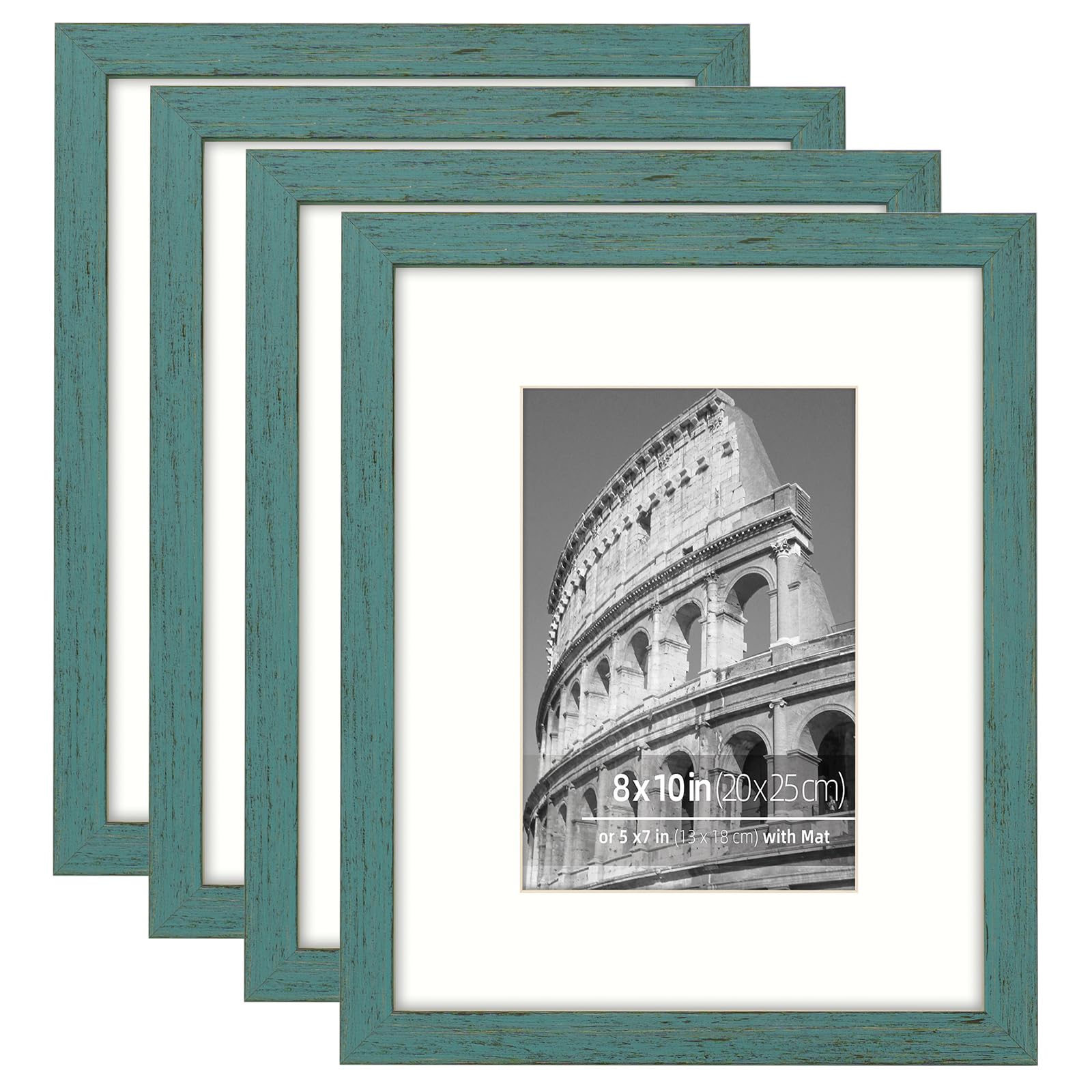 8 x 10 inch or 5 x 7 with Mat Picture Frames Tabletop Shelf Display or Wall Mount Vertically or Horizontally, Real Glass Acid Free Mat, Rustic Teal Blue Molding, Set of 4 Pack