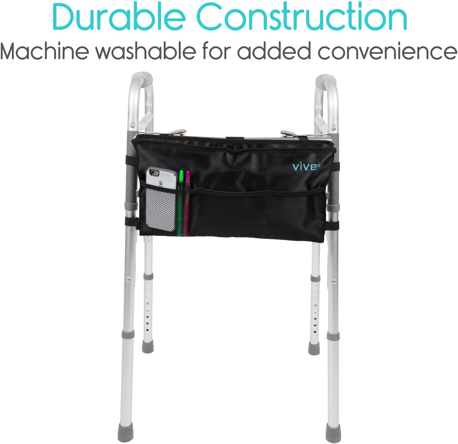 Vive Walker Bag - Water Resistant Accessory Basket Provides Hands Free Storage for Folding Walkers - Attachment Fits Wide and Narrow Styles - Tote Caddy Pouch for Elderly, Seniors, Handicap, Disabled: Health & Personal Care