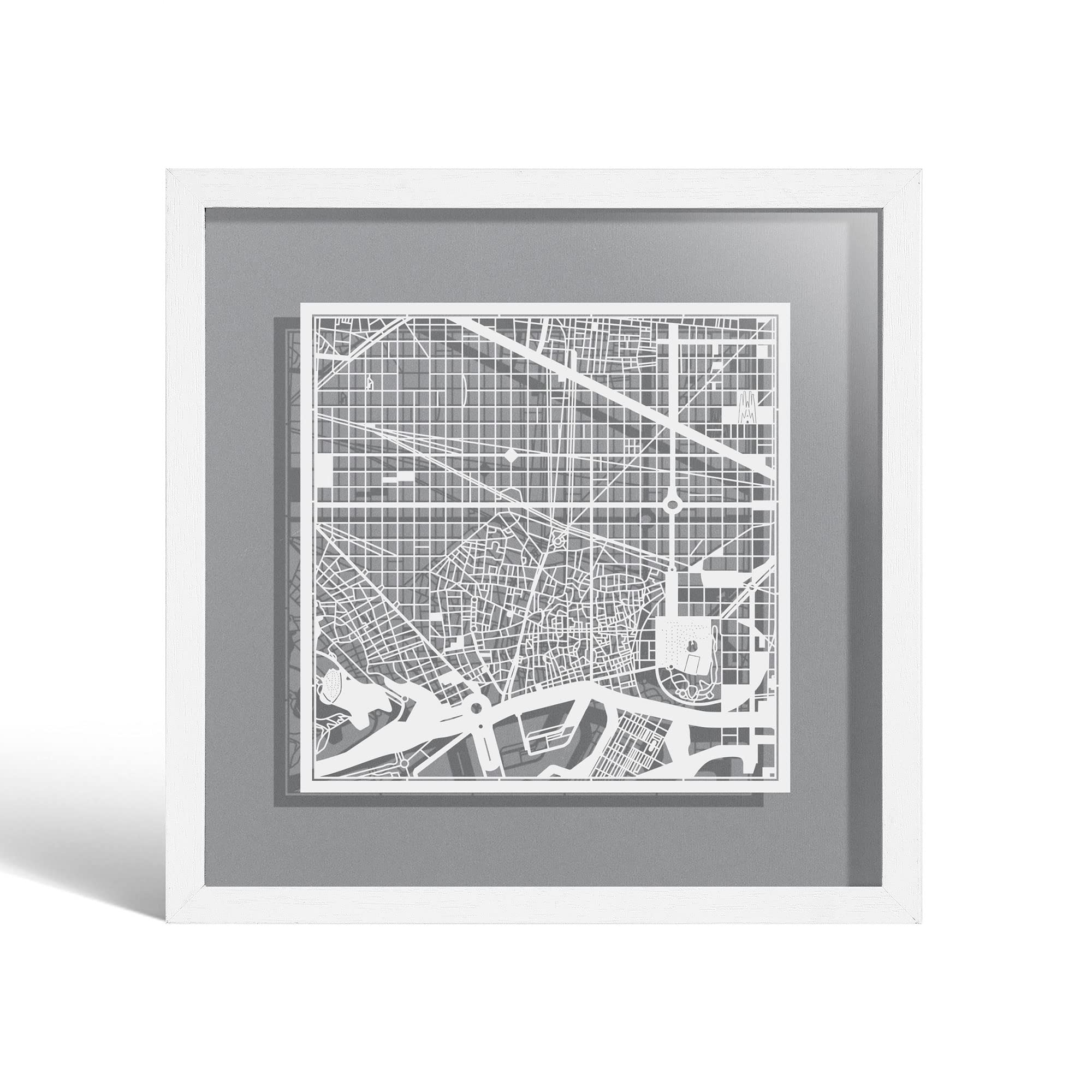 O3 DESIGN STUDIO Barcelona Marco de Papel para mapas, White map, White frame, 9x9 inches, Gift Boxed, 4 background color, self-changing, Paper Art