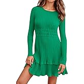 Wenrine Womens Long Sleeve Sweater Dress Casual Ribbed Knit Crewneck A Line Slim Fit Tiered Fall Mini Dresses