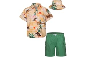 MOHEZ Boys Hawaiian Shirt and Short Set Summer Outfit Kids 2 Piece Clothes Set With Bucket Hat