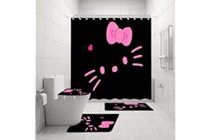 StarBlue-HGS Cartoon Kitty Lovely Cat Waterproof Shower Curtain Set Princess Kitten Little Cat Bathroom Bathtub Mat Toilet Cover Mat Set (B)