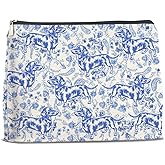 Blue Floral Dachshund Makeup Bag Humor Cosmetic Bags for Women Doxie Lovers Doxie Mom Gifts Chic Dachshund Makeup Pouch With Zipper Travel Toiletry Organizer Bag Purse