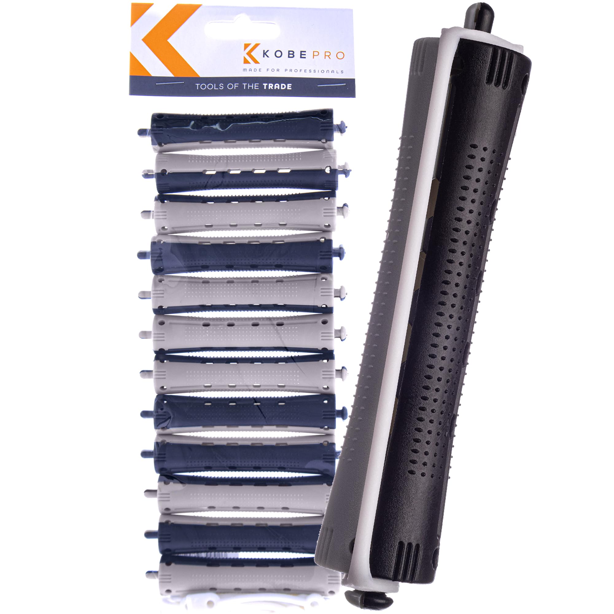 Kobe Professional Hairdressing Perm Rods with Rubbers - Non-Slip, Curling Tools for Wet/Dry Hair, Durable & Reusable - Ideal for Salons & Home Use - Black/Grey 16 mm