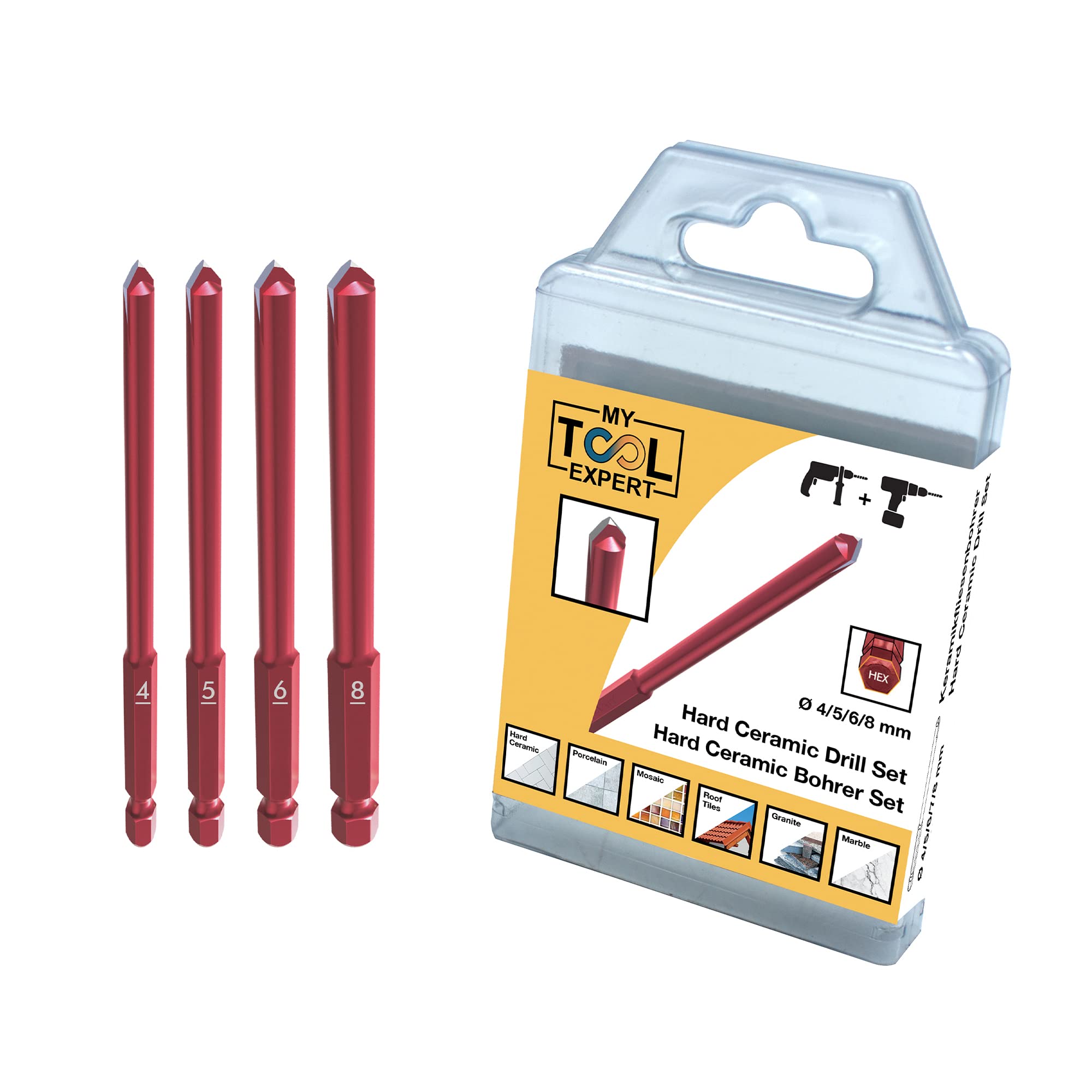 Tile Drill Bits Set 4 Pieces, Professional HEX-9 Self Centring Drill Bit Ø 4,5,6,8 For Precision Drilling of Porcelain, HardCeramic, Roof Tiles, Glass, Natural Stone, Mirrors, Glazed Tiles, Mosaic