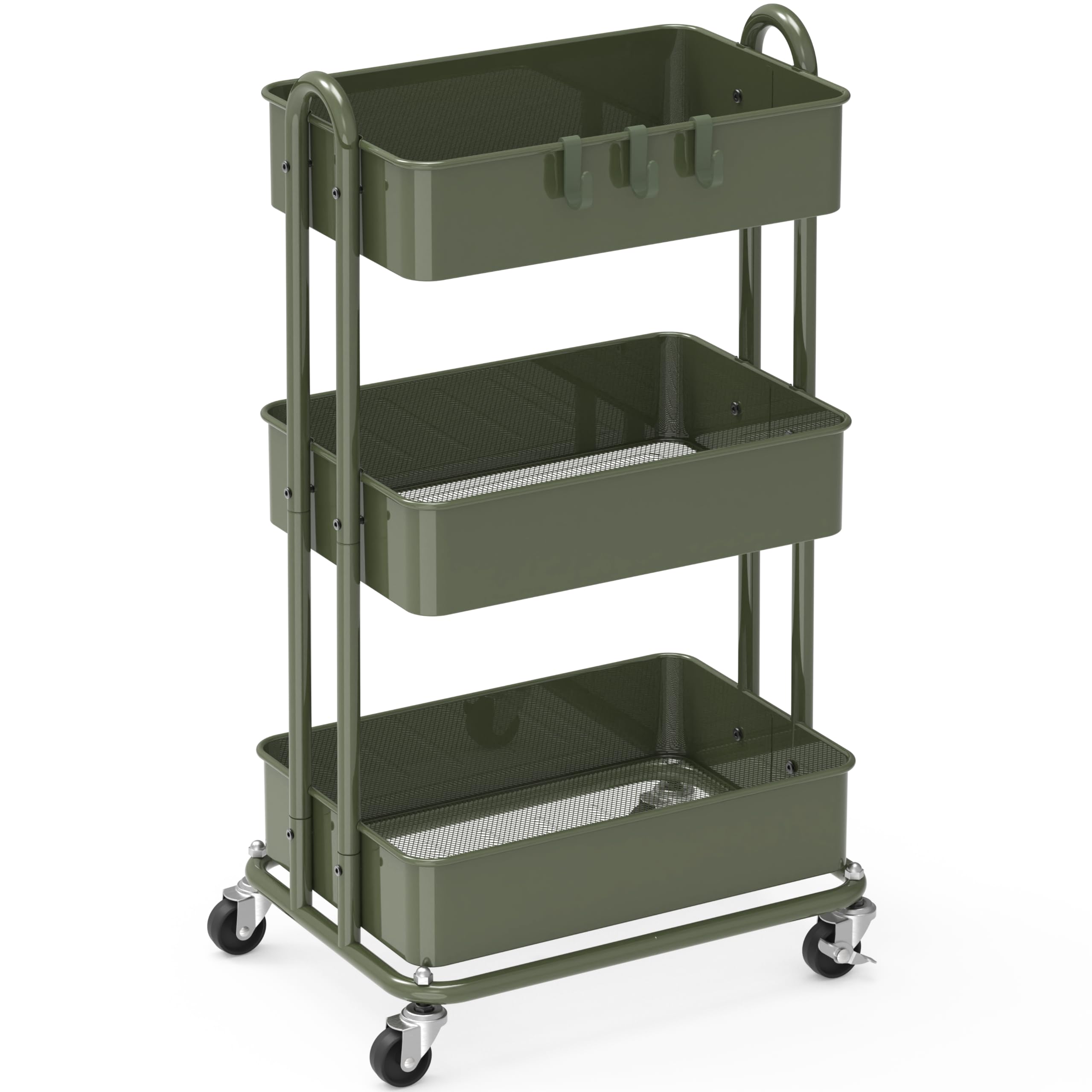 simple houseware 3-tier heavy duty metal utility rolling cart, army green