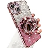 AuroiCCY for iPhone 15 Plus Case Magnetic KickStand, [Compatible with Magsafe] Shockproof Glitter Makeup Mirror Ring Holder Camera Lens Protector Girly Cute Bling Phone Cover for iPhone 15 Plus (Pink)