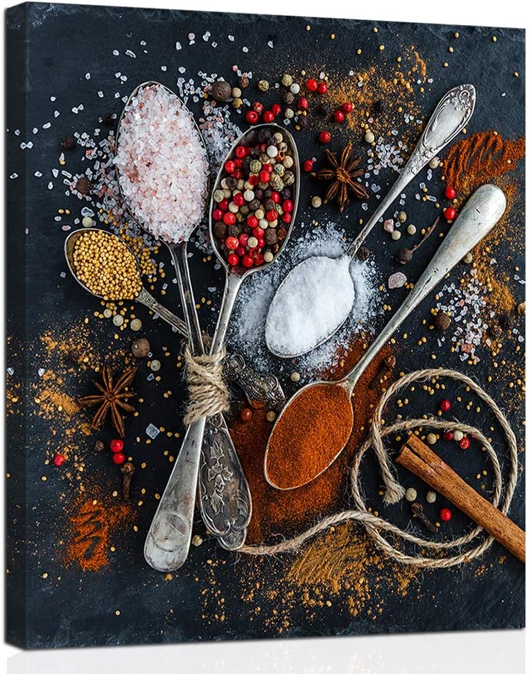 Anddy Colorful Spices Canvas Wall Art Cooking Seasoning Picture Painting Salt Spoon Poster Print Home Kitchen Framed Decoration Living Room Restaurant Dining Room Decor Stretched Artwork Easy to Hang