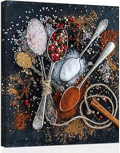 Anddy Colorful Spices Canvas Wall Art Cooking Seasoning Picture Painting Salt Spoon Poster Print Home Kitchen Framed Decoration Living Room Restaurant Dining Room Decor Stretched Artwork Easy to Hang